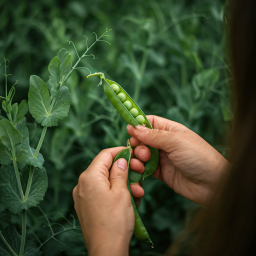A person shelling peas amidst a lush green pea plant.